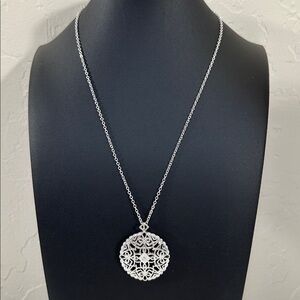 NR Design for Avon Silvertone Filigree Pendant Round Rhinestone Cutout Necklace